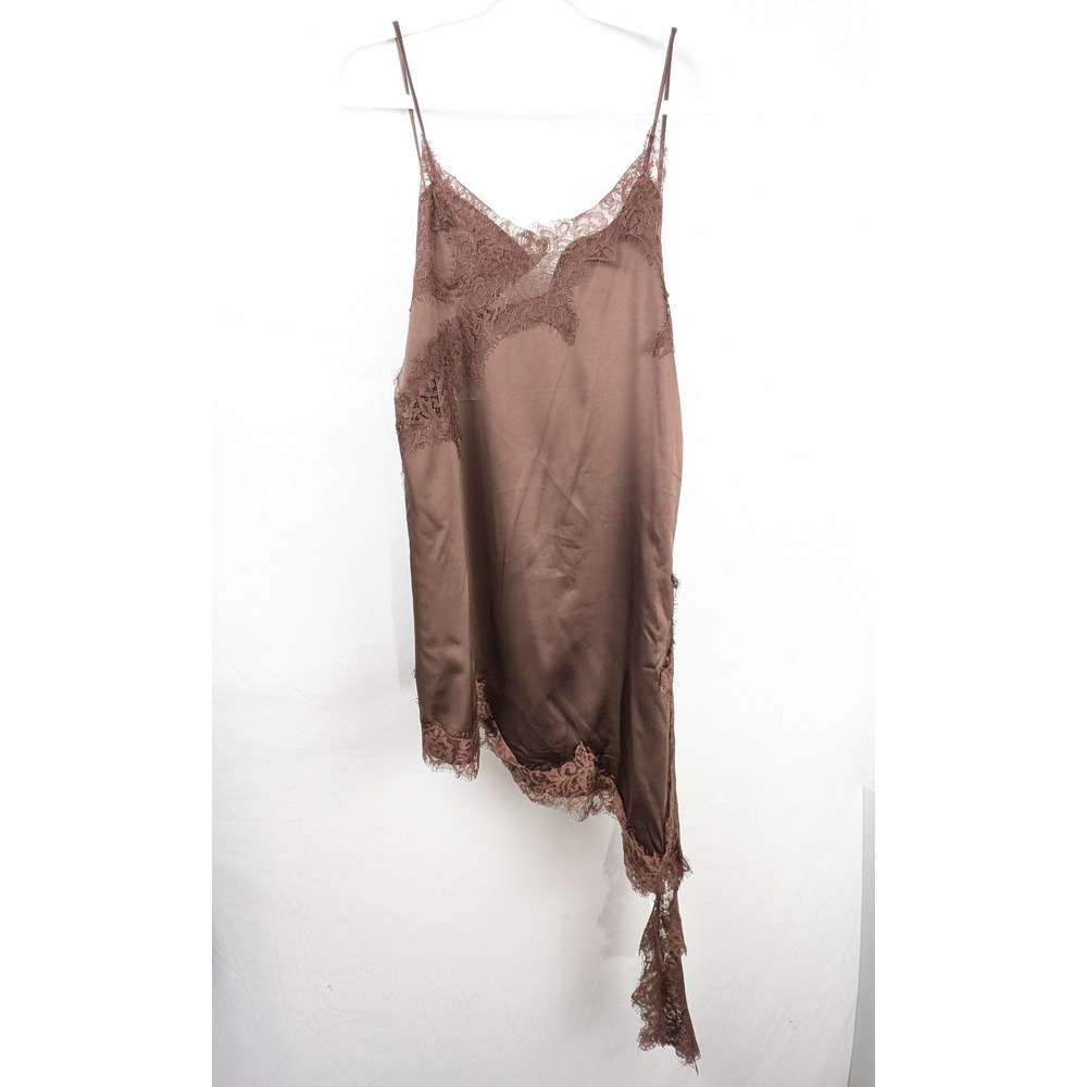 Asymmetrical Satin Lace Babydoll Slip Dress Sz S Chocolate Brown Fairy Indie Y2K - Picture 2 of 9